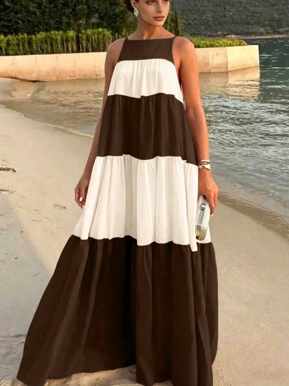 Brown stripe Casual Women's Colorblock maxi dress - Picture 1 of 7